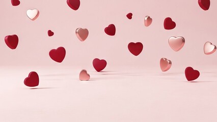 Falling Hearts Background with Pink and Red 3D Shapes