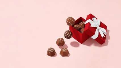 Open red gift box with stylized chocolate truffles spilling out