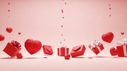 Red Hearts and Gift Boxes Floating Against Pink Background