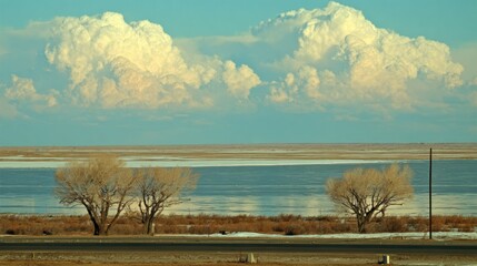 Towering cumulus clouds dominate the sky above a calm body of water near barren trees and a roadside.