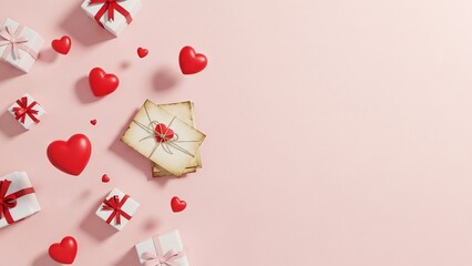 Valentine's Day flat lay with floating hearts, gifts, and love letters