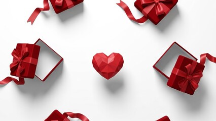Red Gift Boxes Surrounding Floating Low Poly Heart on White