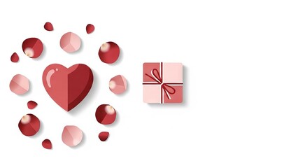 Valentine Heart with Rose Petals and Gift Box Illustration