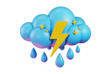 Blue cloud with yellow lightning and raindrops isolated isolated on a transparent background