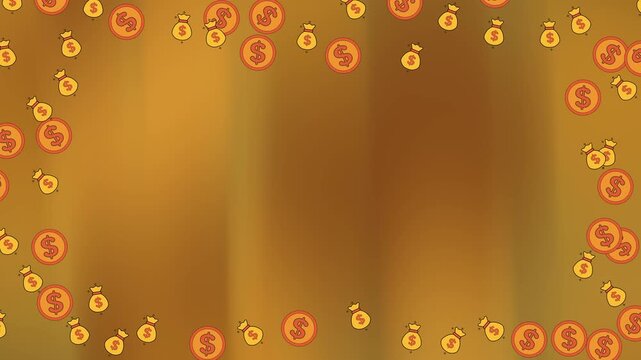 Abstract golden background with dollar signs and money bags forming a decorative border, symbolizing wealth, finance, and economic themes with copy space.