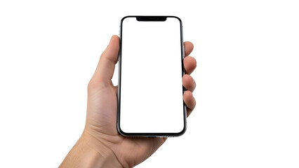 Close up of hand gripping modern smartphone showing empty white screen isolated on white