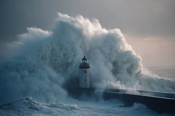 Dramatic stormy wave crashes against historic lighthouse on rocky coast