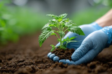 Hands Planting Seedling in Rich Soil Environment