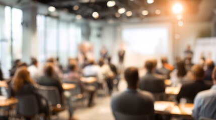 Fototapeta premium Blurred image of business conference with audience and presenter on stage