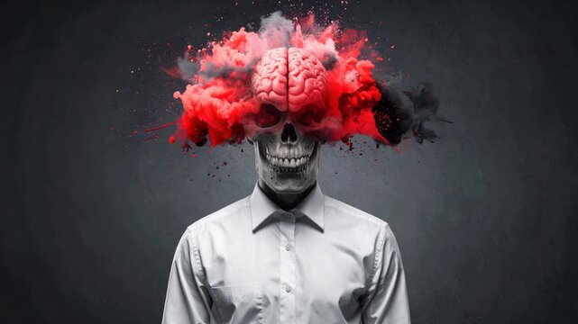 Exploding Brain Skull with Red Smoke, Abstract Concept of Mental Health Crisis