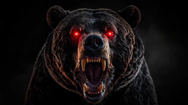 Fierce Black Bear With Glowing Red Eyes Roaring Aggressively in Darkness