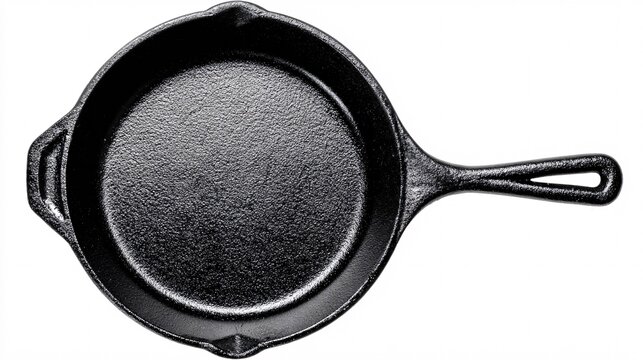 Top view of empty black cast iron skillet isolated on white background