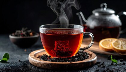 Hot black tea in a transparent cup with visible condensation and steam, set against a dark background with cinematic low-key lighting for a premium, dramatic drink stock aesthetic.