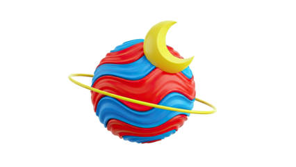 3D Rendering of a Swirled Planet with Crescent Moon and Ring