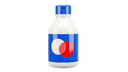 Fototapeta premium White bottle with blue cap and blue label with red and white circles