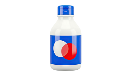 White bottle with blue cap and blue label with red and white circles