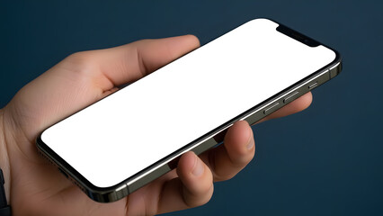 Closeup of hand gripping phone with bright white empty screen against dark blue background