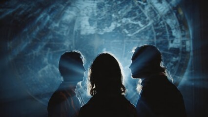 Three People Silhouetted Against Abstract Background