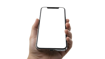 Closeup of male hand gripping latest model smartphone with clean white display ready for content insertion against white