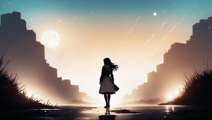 一人の女の孤独な旅　AI生成素材