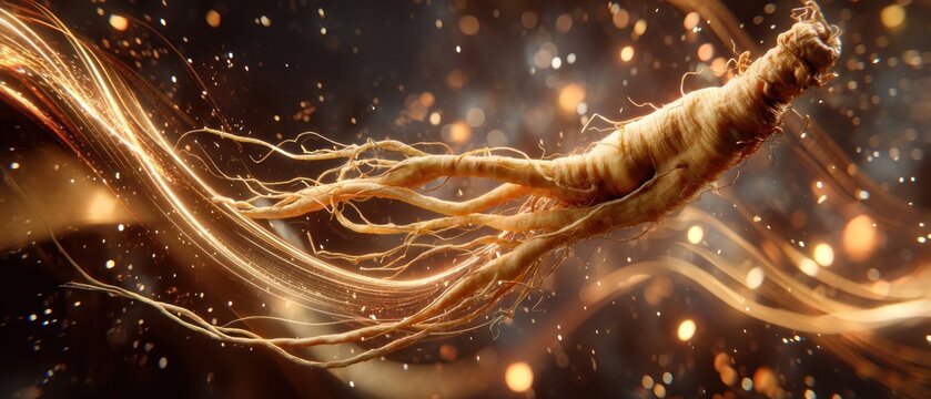 Ginseng root with glowing light effects on dark background conceptual illustration