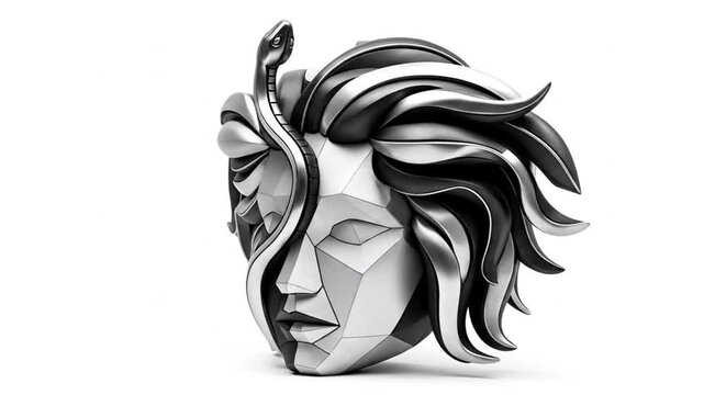 A modern abstract sculpture of a head with a snake detail.