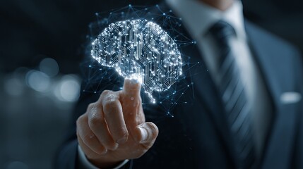 Businessman interacting with futuristic brain interface technology