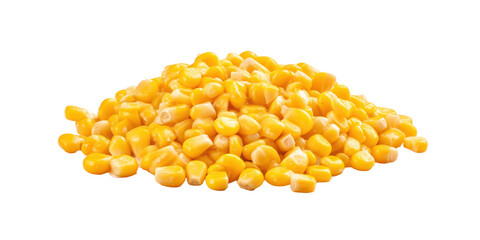 A Detailed Studio Shot of a Pile of Bright Yellow Boiled Sweet Corn Kernels Isolated on a Transparent Background for Easy Food Composition