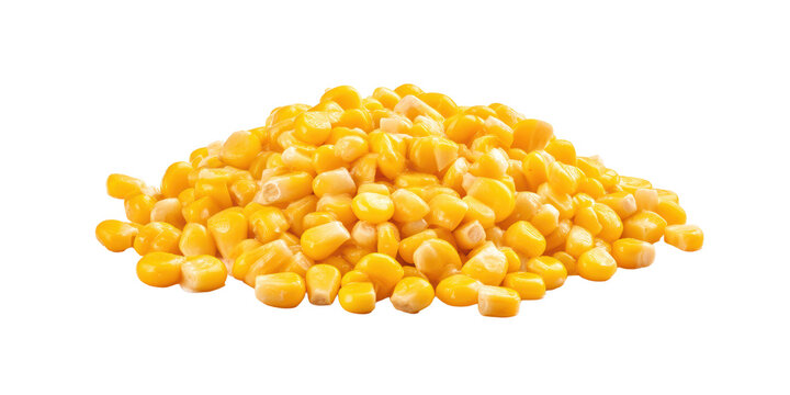 A Detailed Studio Shot of a Pile of Bright Yellow Boiled Sweet Corn Kernels Isolated on a Transparent Background for Easy Food Composition