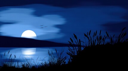 Bright full moon illuminates a calm body of water reflecting its light above dark silhouetted reeds