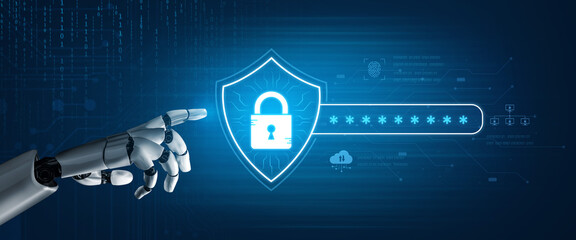 An AI assistant manages an advanced network security system. It integrates password protection with biometric authentication and cloud verification for robust data safety. Fermion