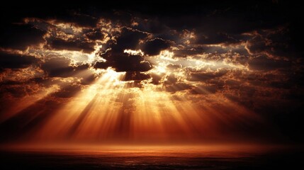 Obraz premium Dramatic shafts of golden light illuminate dark heavy clouds above a dark horizon.