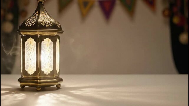 Traditional Golden Moroccan Lantern Illuminates With Warm Light Casting Ornate Shadows on a White Surface with Faint Smoke Wisps and Colorful Bunting Decorations in Soft Focus Background