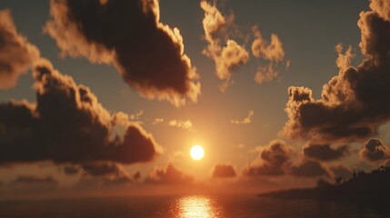 Bright sun sinks toward the horizon above a calm body of water reflecting warm light.