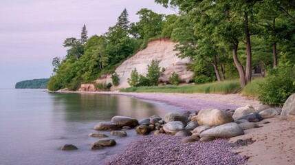 Lush green forest borders a serene lakeside shoreline with pale cliffs and scattered rounded stones