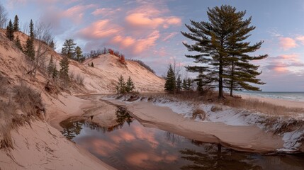 Towering pine trees stand beside sand dunes with a tranquil stream reflecting colorful sunset clouds