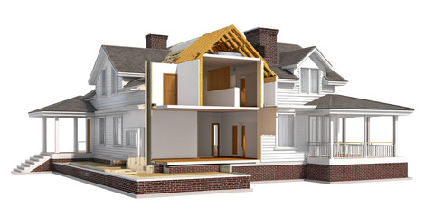 A Detailed 3d Rendering of a Classic Two Story House in Cross Section Showing the Internal Structure Foundation Walls and Roof on a Transparent Background