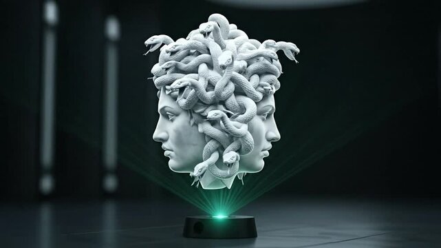 A surreal sculpture of Medusa's head surrounded by illuminated snakes.