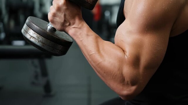 Strong arm dumbbell bicep curl gym workout fitness muscle strength sweat training power focus dedication action, powerful curl session with focused