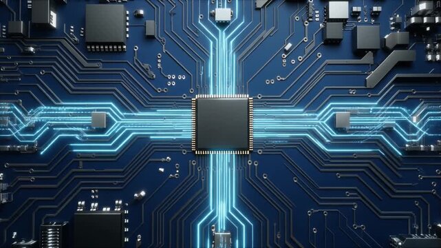 Central processing unit glowing with neon blue pathways on a circuit board filled with microchips and electronic components from a top-down viewpoint