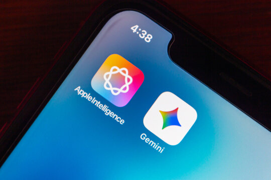 Quito, ECUADOR - Jan 13 2026 : Smartphone screen showing Apple Intelligence and Google Gemini AI icons.
