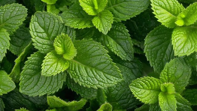 Lush green mint leaves filling the frame from a top-down viewpoint