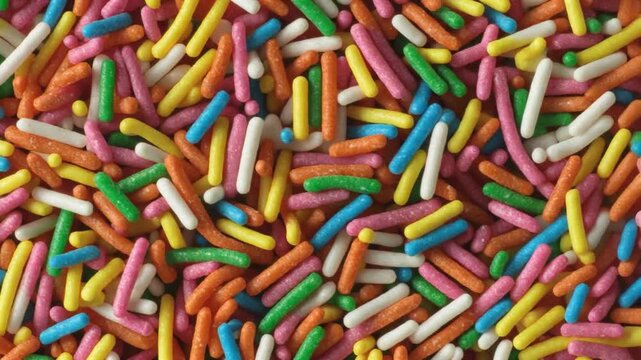 A vibrant and colorful array of sprinkles scattered randomly from a top-down viewpoint