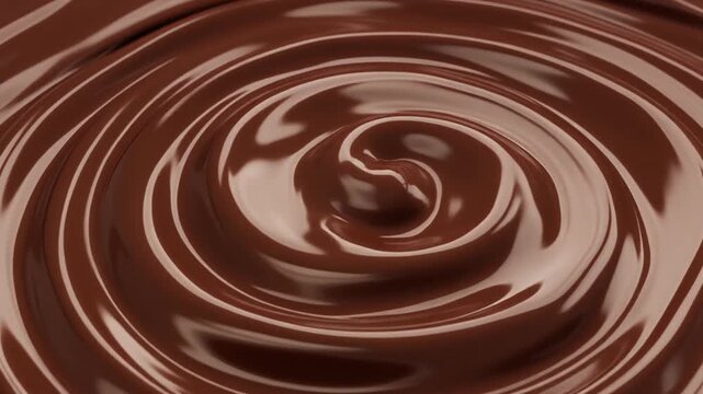 Swirling chocolate liquid in a circular motion, viewed from directly above, creating a mesmerizing pattern