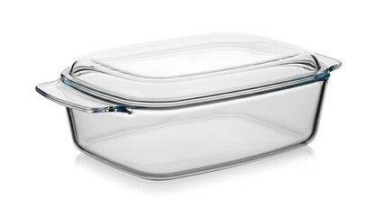 A clear glass baking dish with a lid on a white background