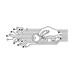 Digital Cybersecurity Concept: Hand Holding Key with Circuit Board Lines for Data Protection and Network Security.
