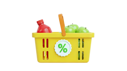Shopping basket with apples, drink, and discount symbol