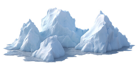 A Cluster of Majestic Icebergs with Jagged Icy Peaks Floating in Cold Arctic Water Under Bright Sunlight, Isolated on a Transparent Background.