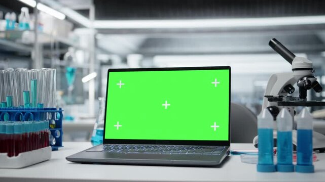 Green screen laptop and scientific gear in research facility used for complex experiments. Empty high tech laboratory workstation with genetic research lab equipment and chroma key laptop