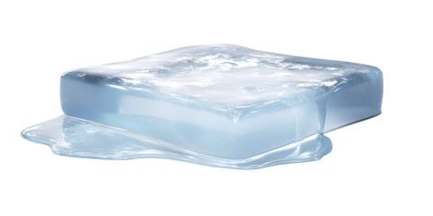 A Realistic Three Dimensional Rendering of a Single Frosted Ice Cube Melting Into a Puddle of Water on a Transparent Background.